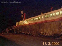Looking aft along the craft, partially raised up on jacks